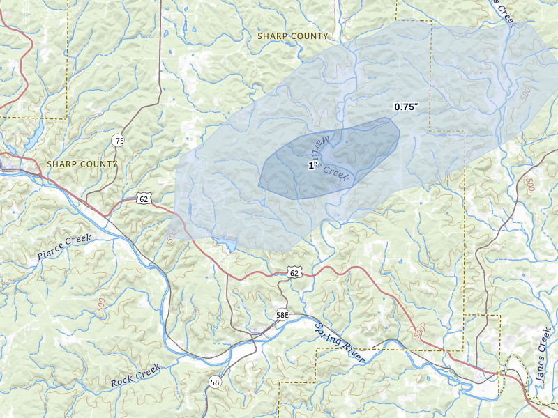 NEXRAD radar-signature map of the hail over Williford, AR