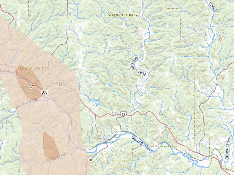 Radar-estimated hail-size map of the storm over Williford, AR on Jun 1, 2026