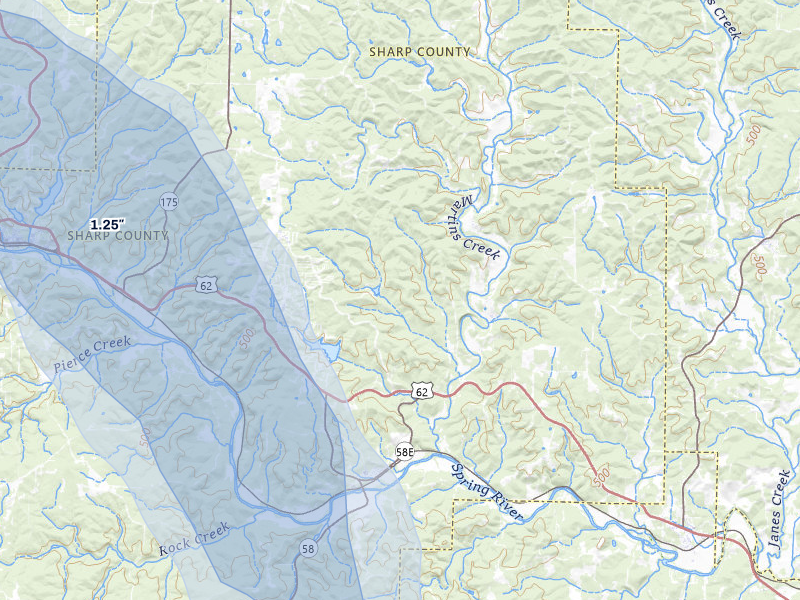 NEXRAD radar-signature map of the hail storm over Williford, AR on Jun 1, 2026