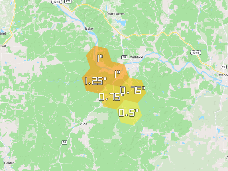 Hail map of Williford, AR on Jun 1, 2026, hail up to 1.25"
