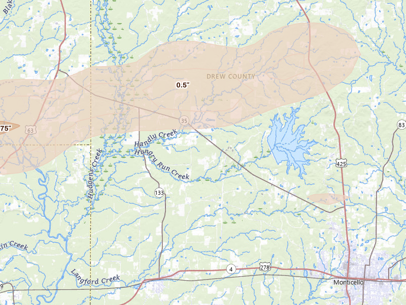 Radar-estimated hail-size map of the storm over Wilmar, AR on Mar 15, 2026