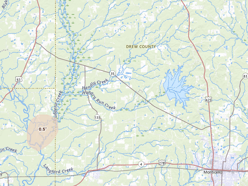 Radar-estimated hail-size map of the storm over Wilmar, AR on Jul 4, 2026