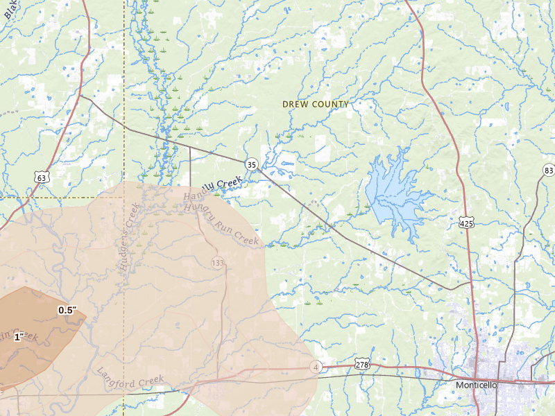Radar-estimated hail-size map of the storm over Wilmar, AR on Jul 8, 2026