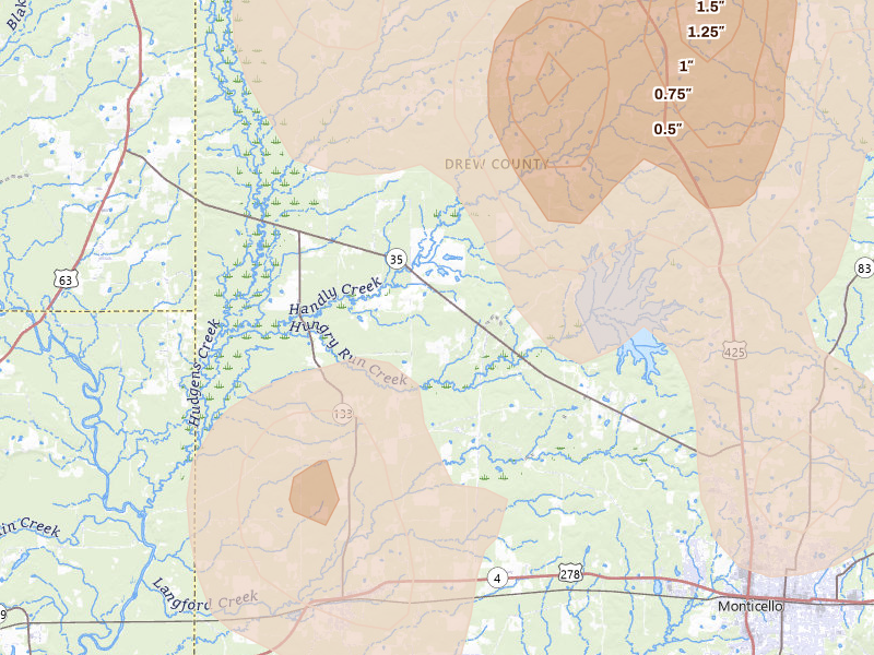 Radar-estimated hail-size map of the storm over Wilmar, AR on Jul 29, 2026