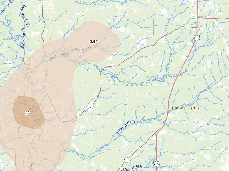 Radar-estimated hail-size map of the storm over Wilmar, AR on Aug 7, 2026