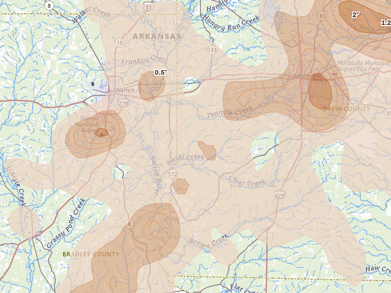 Radar-estimated hail-size map of the storm over Wilmar, AR on Aug 20, 2026