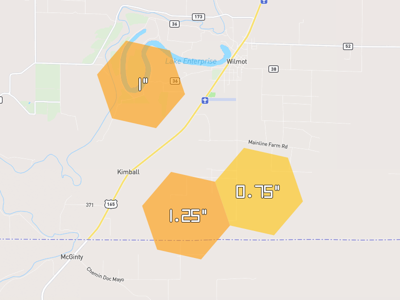 Hail map of Wilmot, AR on Jul 7, 2026, hail up to 1.25"