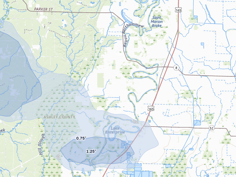 NEXRAD radar-signature map of the hail storm over Wilmot, AR on Jul 8, 2026