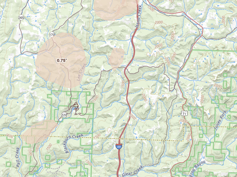 Radar-estimated hail-size map of the storm over Winslow, AR on Mar 6, 2026