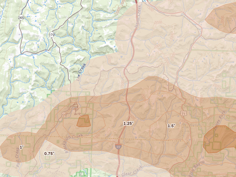 Radar-estimated hail-size map of the storm over Winslow, AR on Apr 28, 2026