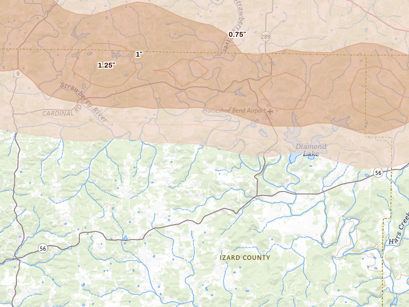 Radar-estimated hail-size map of the storm over Wiseman, AR on Apr 27, 2026