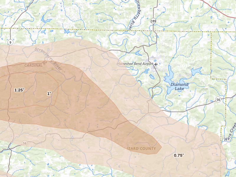 Radar-estimated hail-size map of the storm over Wiseman, AR