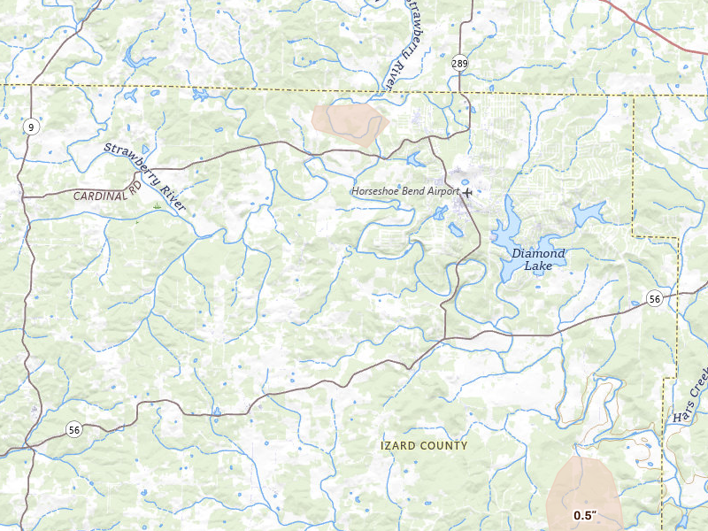 Radar-estimated hail-size map of the storm over Wiseman, AR on Aug 22, 2026