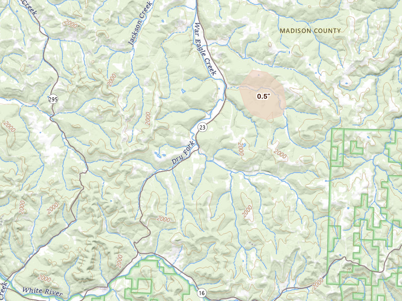 Radar-estimated hail-size map of the storm over Witter, AR on Jun 1, 2026