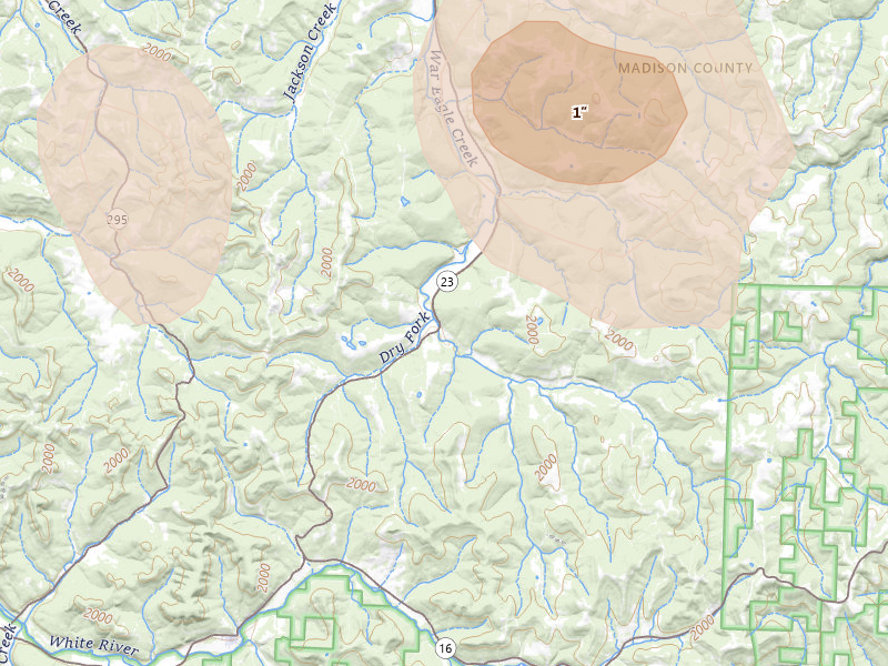 Radar-estimated hail-size map of the storm over Witter, AR on Aug 26, 2026