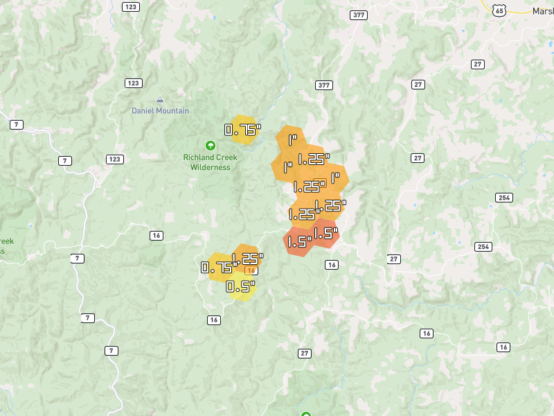 Hail map of Witts Springs, AR on Jun 1, 2026, hail up to 1.5"