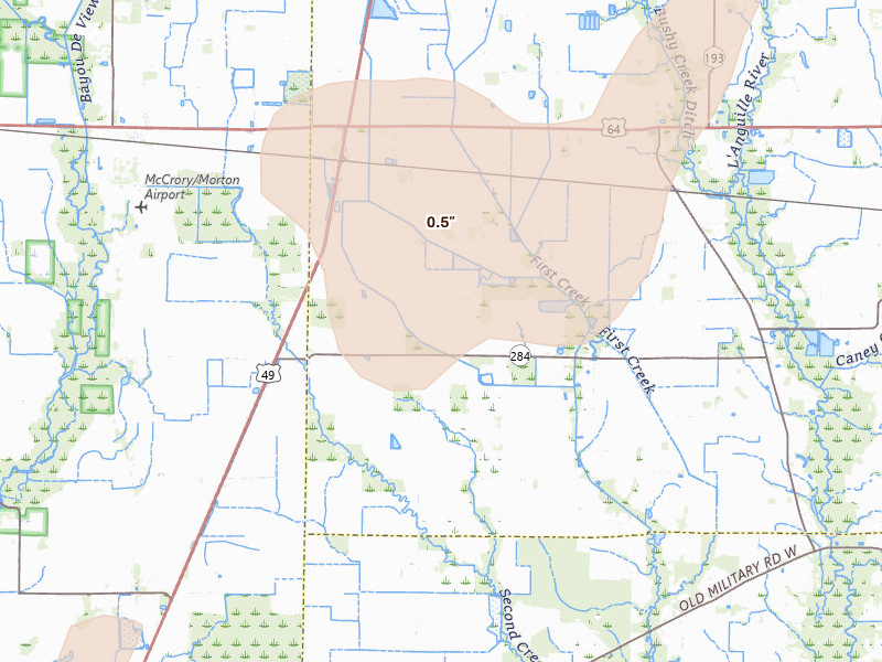 Radar-estimated hail-size map of the storm over Wynne, AR on Apr 28, 2026