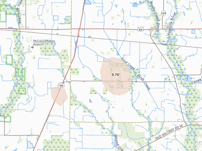 Radar-estimated hail-size map of the storm over Wynne, AR on May 5, 2026