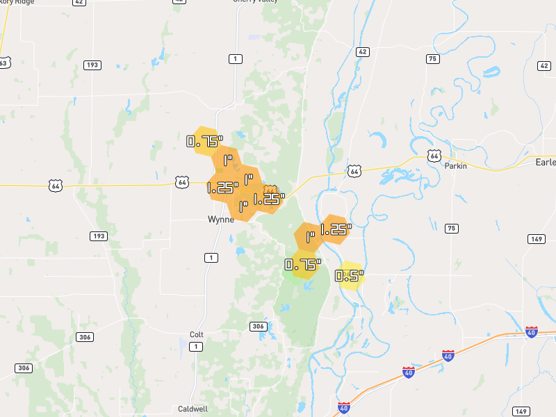 Hail map of Wynne, AR on Jun 2, 2026, hail up to 1.25"