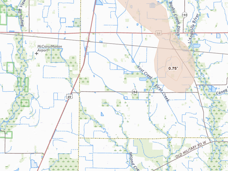 Radar-estimated hail-size map of the storm over Wynne, AR on Jun 24, 2026