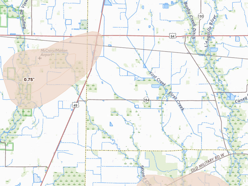 Radar-estimated hail-size map of the storm over Wynne, AR on Jul 11, 2026