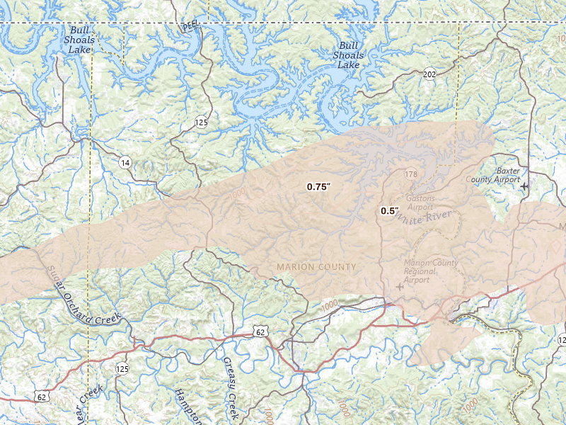 Radar-estimated hail-size map of the storm over Yellville, AR on Mar 4, 2026