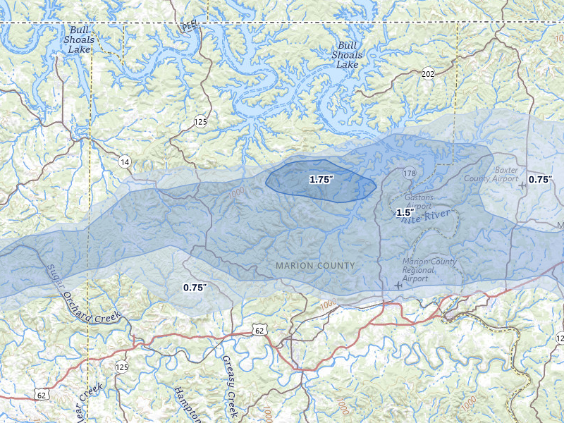 NEXRAD radar-signature map of the hail storm over Yellville, AR on Mar 4, 2026