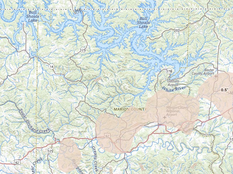 Radar-estimated hail-size map of the storm over Yellville, AR on Mar 15, 2026