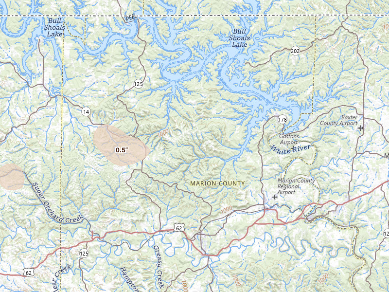Radar-estimated hail-size map of the storm over Yellville, AR on Jul 11, 2026
