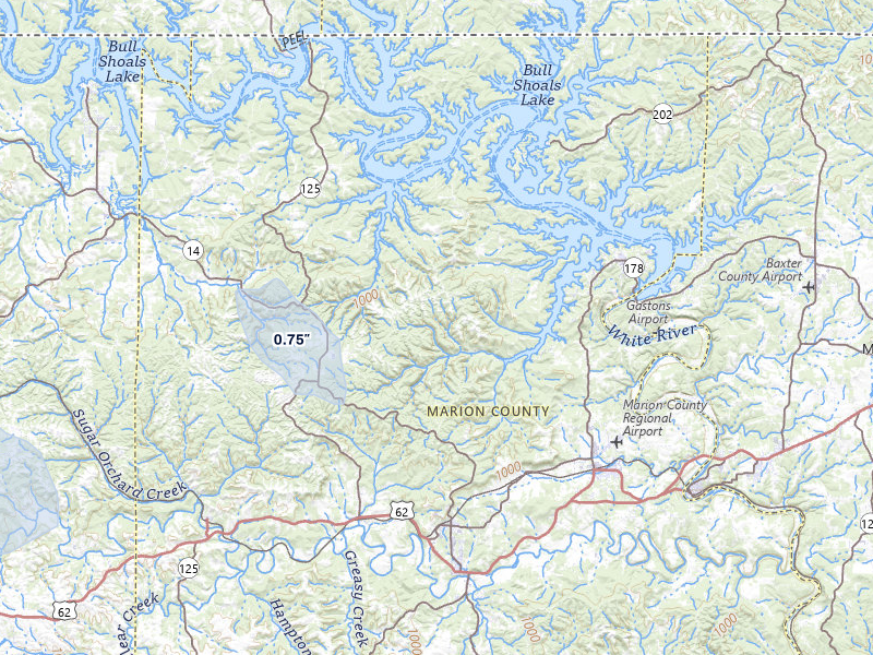 NEXRAD radar-signature map of the hail storm over Yellville, AR on Jul 11, 2026
