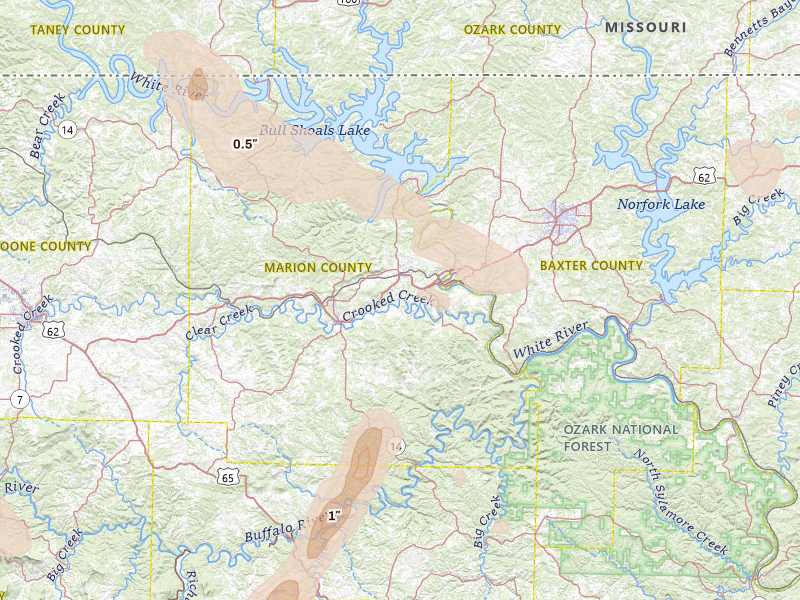 Radar-estimated hail-size map of the storm over Yellville, AR on Aug 6, 2026