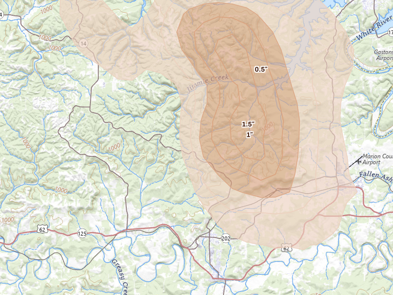 Radar-estimated hail-size map of the storm over Yellville, AR on Aug 26, 2026