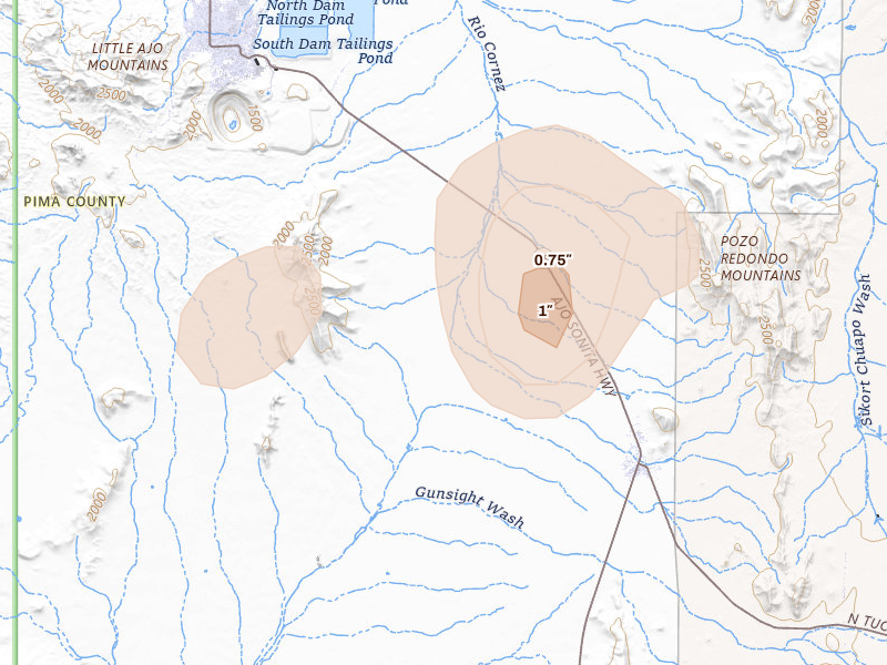 Radar-estimated hail-size map of the storm over Ajo, AZ on Aug 9, 2026