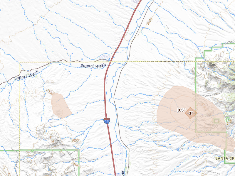 Radar-estimated hail-size map of the storm over Amado, AZ on Aug 10, 2026