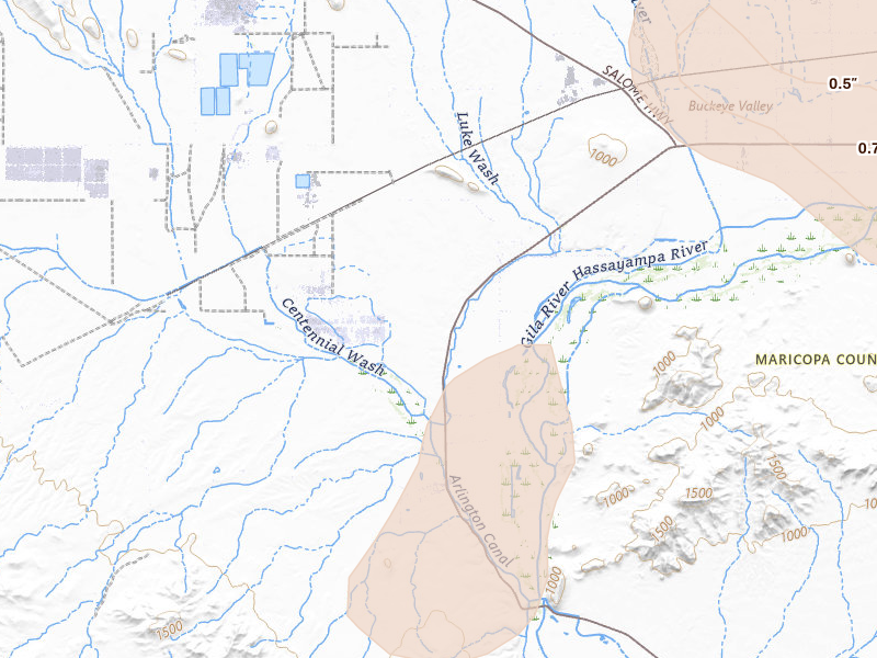 Radar-estimated hail-size map of the storm over Arlington, AZ on Aug 9, 2026
