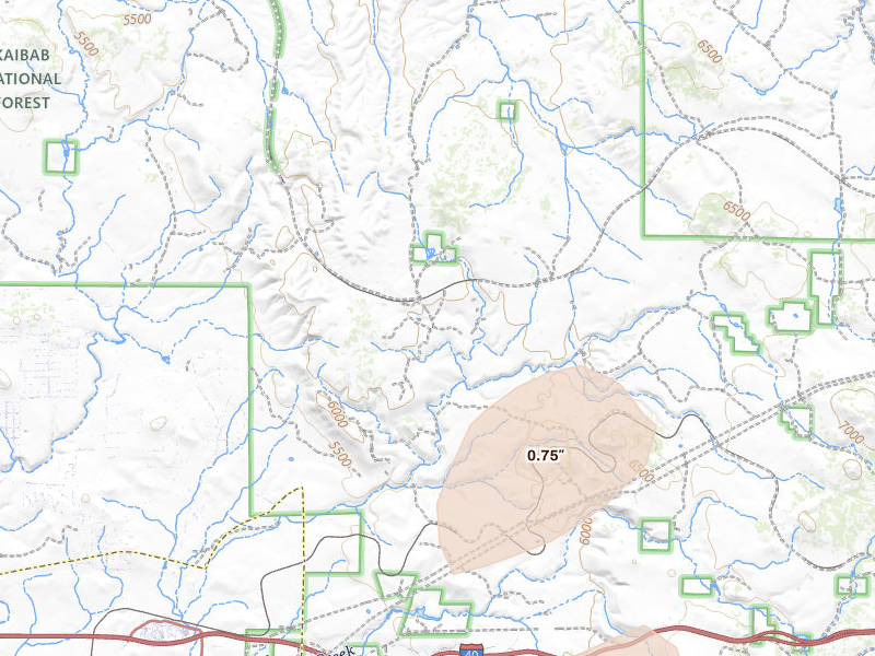 Radar-estimated hail-size map of the storm over Ash Fork, AZ on Jun 14, 2026