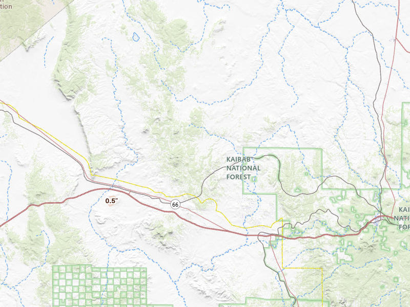 Radar-estimated hail-size map of the storm over Ash Fork, AZ on Jul 17, 2026