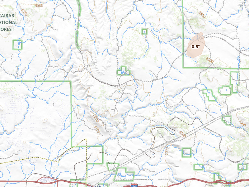 Radar-estimated hail-size map of the storm over Ash Fork, AZ on Jul 29, 2026