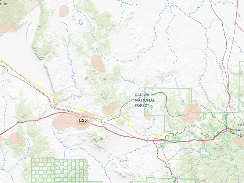 Radar-estimated hail-size map of the storm over Ash Fork, AZ on Aug 6, 2026
