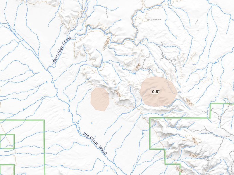 Radar-estimated hail-size map of the storm over Ash Fork, AZ on Aug 8, 2026