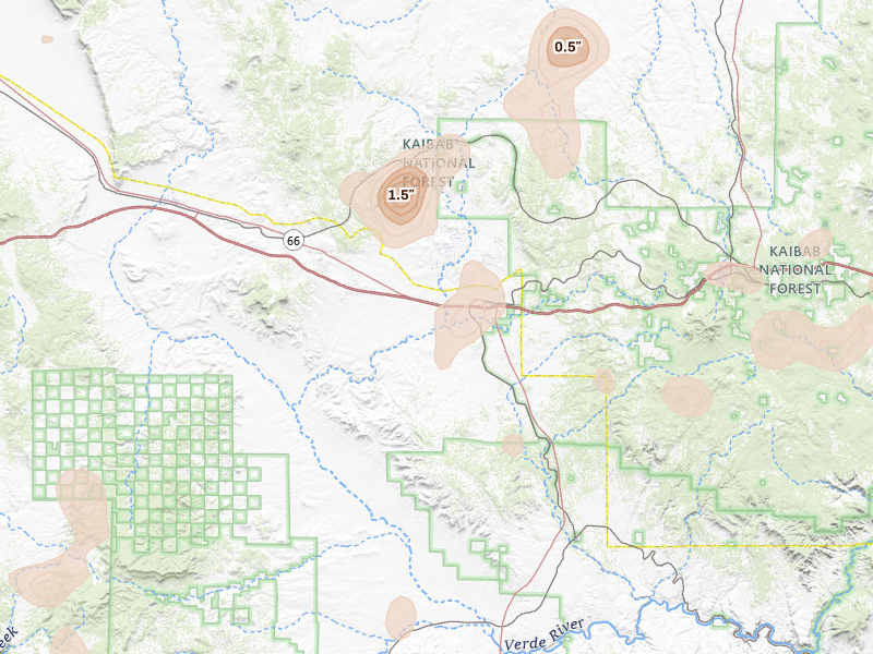 Radar-estimated hail-size map of the storm over Ash Fork, AZ on Aug 20, 2026