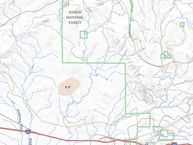 Radar-estimated hail-size map of the storm over Ash Fork, AZ on Aug 28, 2026