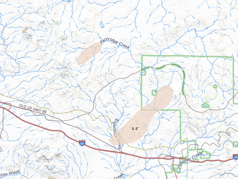 Radar-estimated hail-size map of the storm over Ash Fork, AZ on Aug 29, 2026