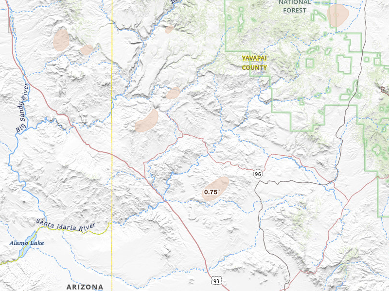 Radar-estimated hail-size map of the storm over Bagdad, AZ on Aug 12, 2026