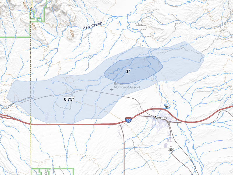 NEXRAD radar-signature map of the hail storm over Benson, AZ on Jul 11, 2026
