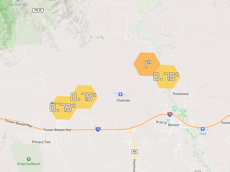 Hail map of Benson, AZ on Jul 11, 2026, hail up to 1"