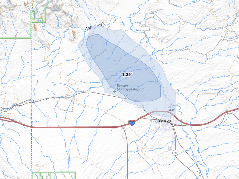 NEXRAD radar-signature map of the hail storm over Benson, AZ on Jul 25, 2026