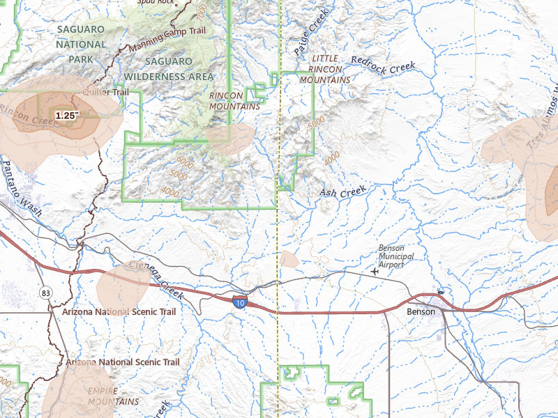 Radar-estimated hail-size map of the storm over Benson, AZ on Aug 5, 2026