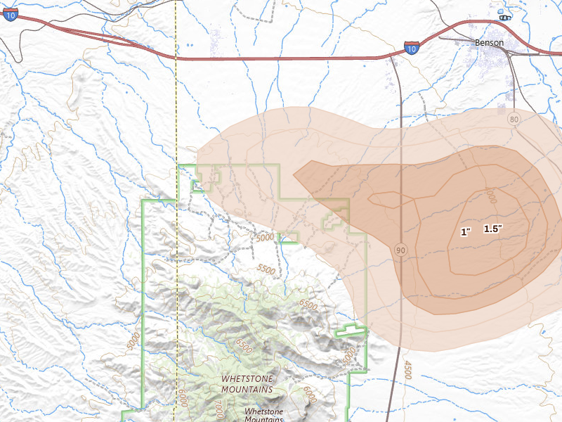 Radar-estimated hail-size map of the storm over Benson, AZ on Aug 19, 2026