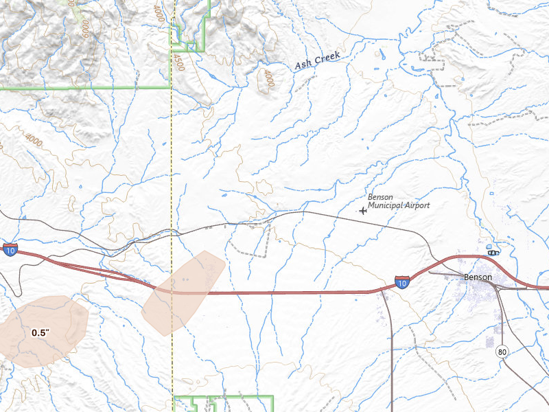 Radar-estimated hail-size map of the storm over Benson, AZ on Aug 21, 2026